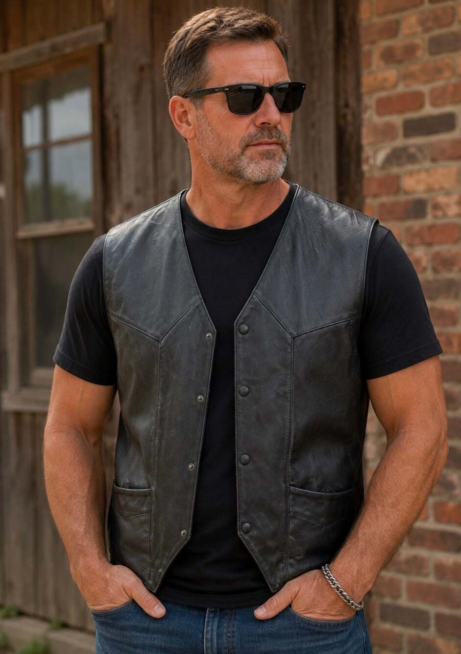 Leather USA Men's Black Genuine Leather Motorcycle Biker Vest